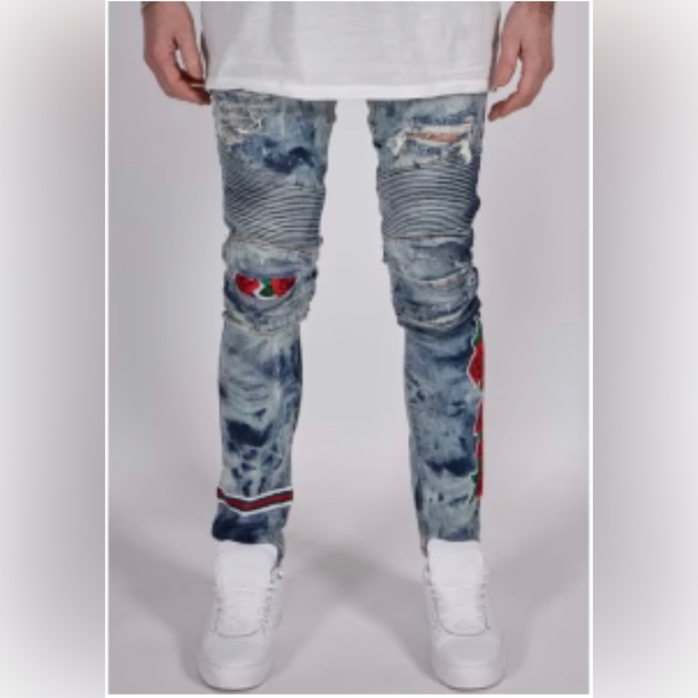 Embellish NYC Costello Biker Denim
Blue with Rose Detailing